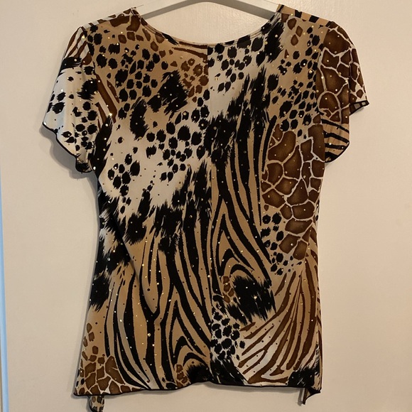 Shannon Ford NY top with gold sparkles over various animal prints. Size small. - Picture 4 of 6